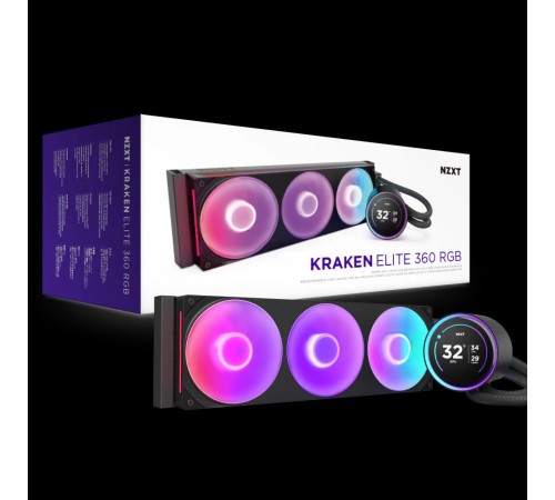 Система жидкостного охлаждения для ПК/ Water Cooling System NZXT Kraken Elite 420 RGB (350W, 420mm, LED temp., Black/ Fans: 3x140mm, 98.61CFM, 34.5dBA, 2000RPM/ Pump height 65mm, 2800RPM, Rad thickness 27mm/ S: 1851, 1700, 1200, 115X, AM5, AM4)