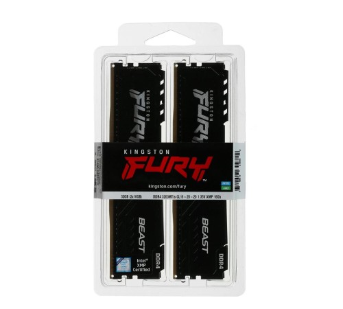 Память оперативная/ Kingston 32GB 3200MT/s DDR4 CL16 DIMM (Kit of 2) 1Gx8 FURY Beast Black (Select Regions ONLY)