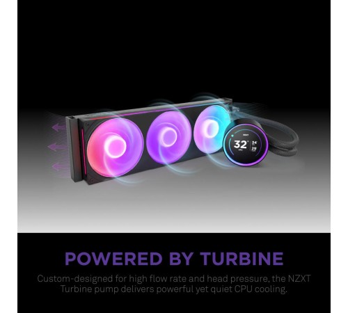 Система жидкостного охлаждения для ПК/ Water Cooling System NZXT Kraken Elite 420 RGB (350W, 420mm, LED temp., Black/ Fans: 3x140mm, 98.61CFM, 34.5dBA, 2000RPM/ Pump height 65mm, 2800RPM, Rad thickness 27mm/ S: 1851, 1700, 1200, 115X, AM5, AM4)