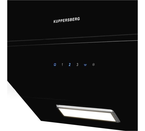 Вытяжка Kuppersberg/ Наклонная вытяжка, ширина 60 см, отвод/рециркуляция, 600 м3/час, сенсорное управление, 3 скоростей, светодиодное освещение 1*2 Вт, металлический жироулавливающий фильтр, угольный фильтр KF-ES  (опция), 46 дБ, , цвет: черный  / короб ч