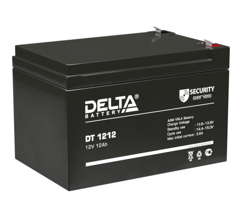 Батарея DELTA серия DT, DT 1212, напряжение 12В, емкость 12Ач (разряд 20 часов), макс. ток разряда (5 сек.) 165А, макс. ток заряда 3.6А, свинцово-кислотная типа AGM, клеммы F2, ДxШxВ 151х98х94мм., вес 3.6кг., срок службы 5 лет./ Battery DELTA series DT, Батарея DELTA серия DT, DT 1212, напряжение 12В, емкость 12Ач (разряд 20 часов), макс. ток разряда (5 сек.) 165А, макс. ток заряда 3.6А, свинцово-кислотная типа AGM, клеммы F2, ДxШxВ 151х98х94мм., вес 3.6кг., срок службы 5 лет./ Battery DELTA series DT,