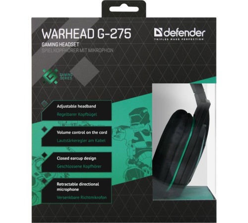Defender Игровая гарнитура Warhead G-275 зеленый + черный, кабель 1,8 м