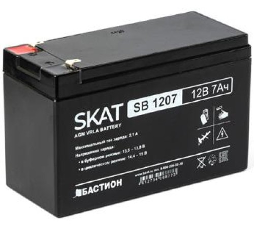 2533 SKAT SB 1207, 12В, 7Ач, максимальный ток заряда 2,1 А. Тип клеммы — F1 нож. Размер корпуса — 66х151х100. Вес — 2,1 кг. Срок службы — 6 лет. Гарантия - 18 месяцев.