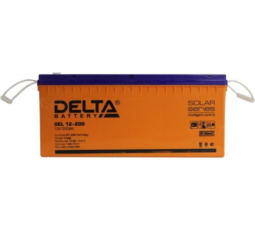 Батарея DELTA серия GEL, GEL 12-200, напряжение 12В, емкость 200Ач (разряд 10 часов),  макс. ток разряда (5 сек.) 1000А, макс. ток заряда 40А, свинцово-кислотная типа AGM+GEL, клеммы под болт М8, ДxШxВ 522х239х217мм., вес 64.7кг., LCD, срок службы 10-12 л