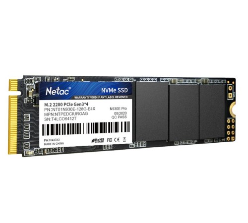 SSD накопитель Netac SSD N930E Pro 128GB PCIe 3 x4 M.2 2280 NVMe 3D NAND, R/W up to 970/650MB/s, IOPS(R4K) 100K/130K, TBW 75TB, 3y wty