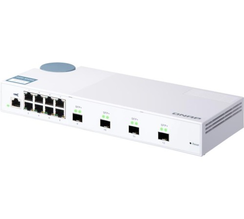 Коммутатор/ QNAP QSW-M408S 10 Gbps managed switch with 4 SFP + ports, 8 1 Gbps RJ-45 ports, bandwidth up to 96 Gbps, JumboFrame support.