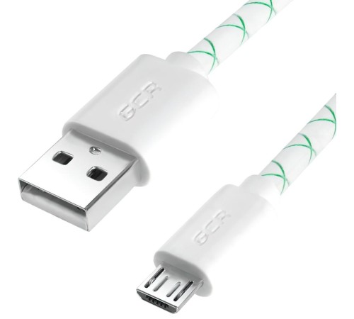 GCR Кабель 0.3m MicroUSB, бело-зеленый, белые коннекторы, быстрая зарядка, 28/24 AWG, GCR-53208