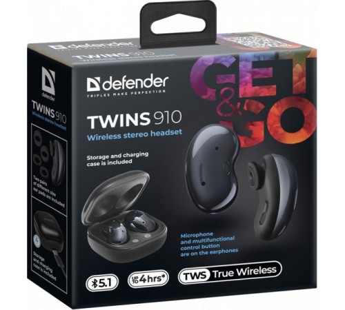 Defender Беспроводная гарнитура Twins 910 черный, TWS, Bluetooth