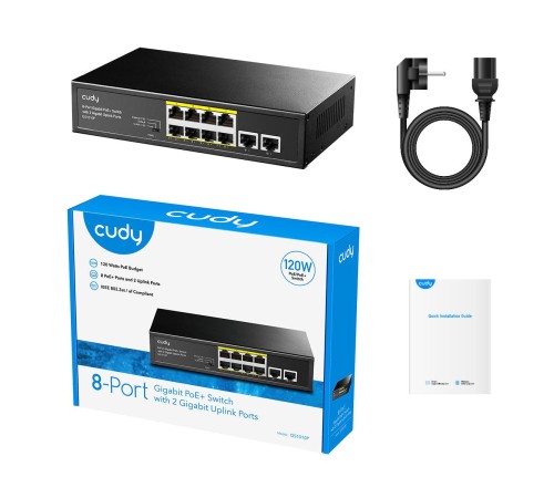 Коммутатор/ 8 RJ-45 10/100/1000M PSE ports +2 RJ45 10/100/1000  Uplink Port Unmanaged PoE+ Switch 120W, CCTV/VLAN mode support, long distance:250M at CCTV mode.  802.3af/at standard,  Aternative 1/2(+),3/6(-), Rack-mountable Steel Case, Watchdog, 120W int