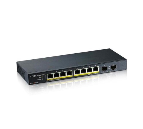 Коммутатор PoE+ Zyxel GS1100-10HP, 8xGE PoE+, 2xSFP, настольный, бесшумный, бюджет PoE 130 Вт, Kensigton lock