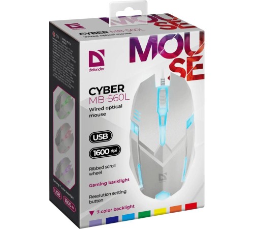 Проводная оптическая мышь Defender 52561 Cyber MB-560L 7цветов,4кнопки,1600dpi,белый Проводная оптическая мышь Defender 52561 Cyber MB-560L 7цветов,4кнопки,1600dpi,белый
