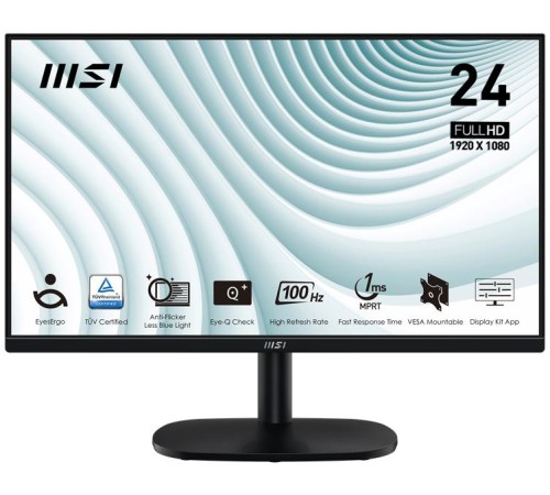Монитор MSI PRO MP245V 23,8" 16:9 FHD(1920x1080) VA Flat,1ms(MPRT),4000:1,100M:1,300nit,178/178,HDMI 1.4,VGA(D-Sub),Tilt,VESA,100Hz,Black,1y war-ty