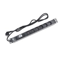  Cabeus PDU-6P-B-2EU Блок евророзеток для 19" шкафов, горизонтальный, 6 розеток, автоматический выключатель 16 A , шнур 2м, алюминиевый корпус, немецкий стандарт