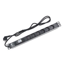  Cabeus PDU-6P-B-2EU Блок евророзеток для 19" шкафов, горизонтальный, 6 розеток, автоматический выключатель 16 A , шнур 2м, алюминиевый корпус, немецкий стандарт