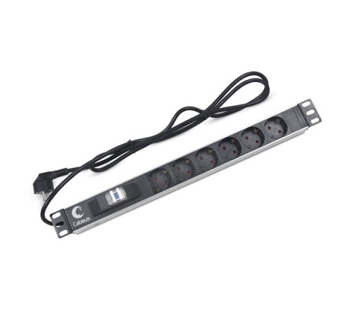 Cabeus PDU-6P-B-2EU Блок евророзеток для 19" шкафов, горизонтальный, 6 розеток, автоматический выключатель 16 A , шнур 2м, алюминиевый корпус, немецкий стандарт