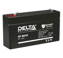 Батарея DELTA серия DT, DT 6012, напряжение 6В, емкость 1.2Ач (разряд 20 часов),  макс. ток разряда (5 сек.) 16.2А, макс. ток заряда 0.36А, свинцово-кислотная типа AGM, клеммы F1, ДxШxВ 97х24х51мм., вес 0.29кг., срок службы 5 лет./ Battery DELTA series DT