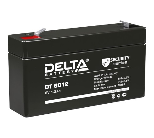 Батарея DELTA серия DT, DT 6012, напряжение 6В, емкость 1.2Ач (разряд 20 часов), макс. ток разряда (5 сек.) 16.2А, макс. ток заряда 0.36А, свинцово-кислотная типа AGM, клеммы F1, ДxШxВ 97х24х51мм., вес 0.29кг., срок службы 5 лет./ Battery DELTA series DT Батарея DELTA серия DT, DT 6012, напряжение 6В, емкость 1.2Ач (разряд 20 часов), макс. ток разряда (5 сек.) 16.2А, макс. ток заряда 0.36А, свинцово-кислотная типа AGM, клеммы F1, ДxШxВ 97х24х51мм., вес 0.29кг., срок службы 5 лет./ Battery DELTA series DT