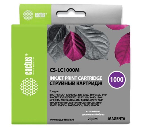 -/ Картридж струйный Cactus CS-LC1000M пурпурный (20мл) для Brother DCP 130C/330С/MFC-240C/5460CN