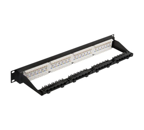 Патч-панель Патч-панель 19", 24 порта RJ45, неэкранированная, кат.5E, 1U, с задним органайзером с фиксаторами кабеля