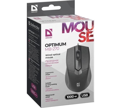 Мышь проводная Defender Optimum MB-270 USB B(Черный) 2кн+кл 1000dpi (52270) Мышь проводная Defender Optimum MB-270 USB B(Черный) 2кн+кл 1000dpi (52270)