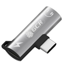 GCR Переходник USB Type C > 3.5mm mini jack + TypeC с отверстием для шнура, серебряный, GCR-53493