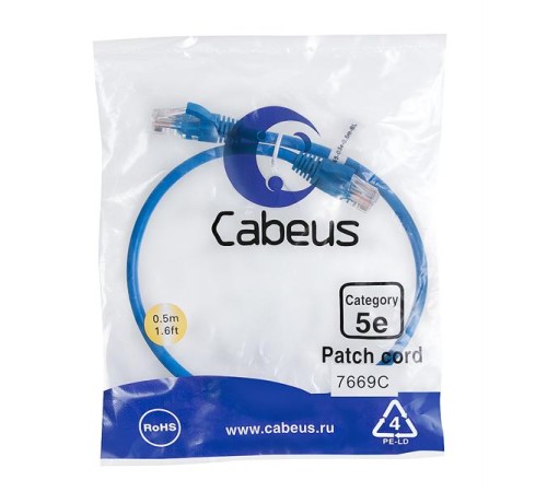 Патч-корд U/UTP, категория 5е, 2xRJ45/8p8c, неэкранированный, синий, PVC, 0.5м Cabeus PC-UTP-RJ45-Cat.5e-0.5m-BL Патч-корд U/UTP, категория 5е, 2xRJ45/8p8c, неэкранированный, синий, PVC, 0.5м