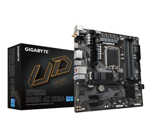 Материнская плата/ MB GIGABYTE INTEL B760 s1700, 4xDDR4(128GB), HDMI 2.0/2xDP, 1xPCIe 4.0x16, 2xPCIe 3.0, 1xLAN (2.5GbE), Wi-Fi, BT, 4xSATA 6Gb/s, 2xM.2, 1xUSB-C, 3xUSB 3.2, 2xUSB 2.0, mATX Материнская плата/ MB GIGABYTE INTEL B760 s1700, 4xDDR4(128GB), HDMI 2.0/2xDP, 1xPCIe 4.0x16, 2xPCIe 3.0, 1xLAN (2.5GbE), Wi-Fi, BT, 4xSATA 6Gb/s, 2xM.2, 1xUSB-C, 3xUSB 3.2, 2xUSB 2.0, mATX