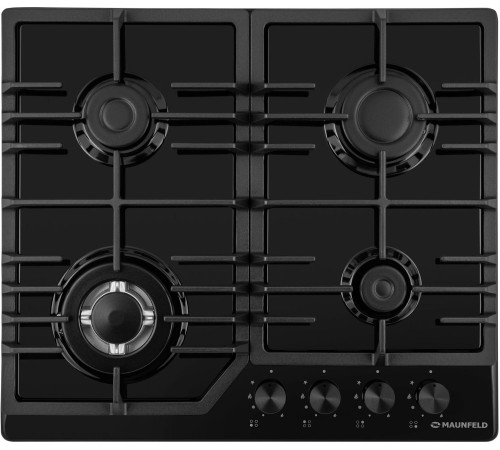 Встраиваемые газовые панели MAUNFELD/ Варочная панель, газ, 60 см, механическое управление, 4 конфорки, электроподжиг, газ-контроль, WOK-конфорка, черный