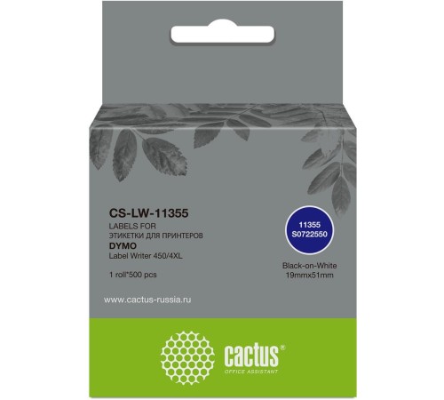 -/ Этикетки Cactus CS-LW-11355 сег.:51x19мм черный белый 500шт/рул Dymo Label Writer 450/4XL