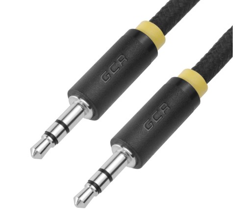 GCR Кабель 0.25m аудио jack 3,5mm/jack 3,5mm, нейлон, черный, желтая окантовка, ультрагибкий, 28 AWG, M/M, Premium, экран, стерео, GCR-53540