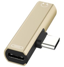 GCR Переходник USB Type C > 3.5mm mini jack + TypeC, золотой, GCR-UC2AUX
