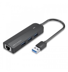 Сетевой адаптер Vention USB 3.0 M/Gigabit Ethernet RJ45 F+OTG хаб 3xUSB Черный - 0.15м.