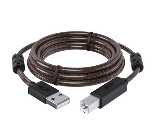 GCR Кабель PROF 5.0m USB 2.0, AM/BM, черно-прозрачный, ферритовые кольца, 28/24 AWG, экран, армированный, морозостойкий, GCR-52419