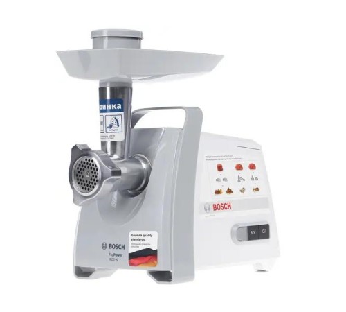 Мясорубка Bosch/ 500/1600Вт, комплект: 2 диска, кебаб, колбаски, цвет: белый/серый фронт Мясорубка Bosch/ 500/1600Вт, комплект: 2 диска, кебаб, колбаски, цвет: белый/серый фронт