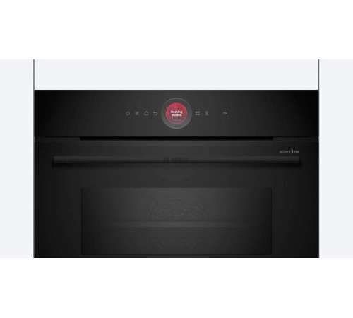 Встраиваемая электрическая духовка BOSCH Accent line. Компактная духовка с микроволновой печью и 16 типами нагрева, 45.5x59.5x54.8 см, 45л, дисплей,инвертор,SoftClose и SoftOpen, Bosch Assist, черный