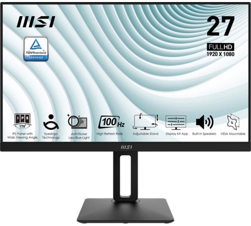 Монитор MSI PRO MP271AP 27" 16:9 FHD(1920x1080), IPS Flat, 1ms(MPRT), 1000:1, 100M:1, 300nit, 178/178, HDMI 1.4b, DP 1.2a, VGA, Speaker, Tilt, Swivel, Height, Pivot, 100HZ, Black, 1y war-ty