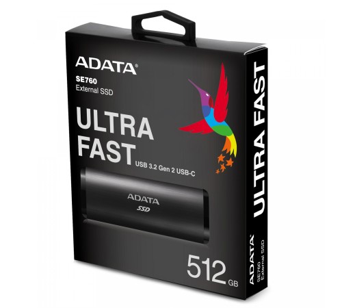 Твердотельный накопитель/ ADATA External SSD SE760, 512GB, Type-C, USB 3.2 Gen2, R/W 1000/800 MB/s, 122x44x14mm, Black (3 года) Твердотельный накопитель/ ADATA External SSD SE760, 512GB, Type-C, USB 3.2 Gen2, R/W 1000/800 MB/s, 122x44x14mm, Black (3 года)
