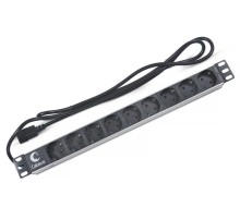  Cabeus PDU-9P-2IEC Блок евророзеток для 19" шкафов, гориз., 9 розеток, 10 A, без выключателя, алюминиевый корпус, шнур 2 м, вилка IEC 320 C14