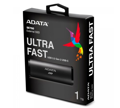 Твердотельный накопитель/ ADATA External SSD SE760, 1024GB, Type-C, USB 3.2 Gen2, R/W 1000/800 MB/s, 122x44x14mm, Black (3 года) Твердотельный накопитель/ ADATA External SSD SE760, 1024GB, Type-C, USB 3.2 Gen2, R/W 1000/800 MB/s, 122x44x14mm, Black (3 года)