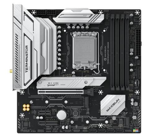 Материнская плата MAXSUN MS-Terminator B860M WIFI, LGA1851, B860, 4*DDR5, 4*SATA3, 3*M.2, USB 3.2, USB 2.0, Type-C, 1*PCIEx16, 1*PCIex4, 1*PCIex1, HDMI+DP, mATX