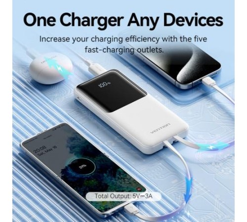 Power Bank Vention 10000mAh(Micro-USB/C/A/A) со встроенными кабелями 22.5W Белый с LED Дисплеем, шт. Power Bank Vention 10000mAh(Micro-USB/C/A/A) со встроенными кабелями 22.5W Белый с LED Дисплеем, шт.