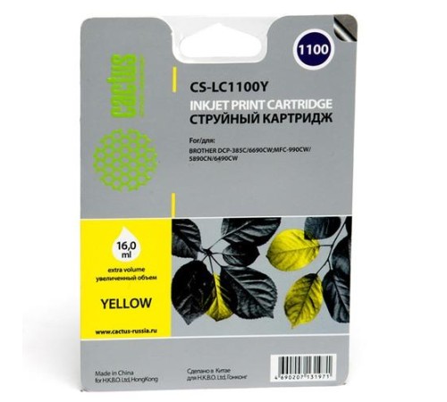 -/ Картридж струйный Cactus CS-LC1100Y желтый (16мл) для Brother DCP-385c/6690cw/MFC-990/5890/5895/6490