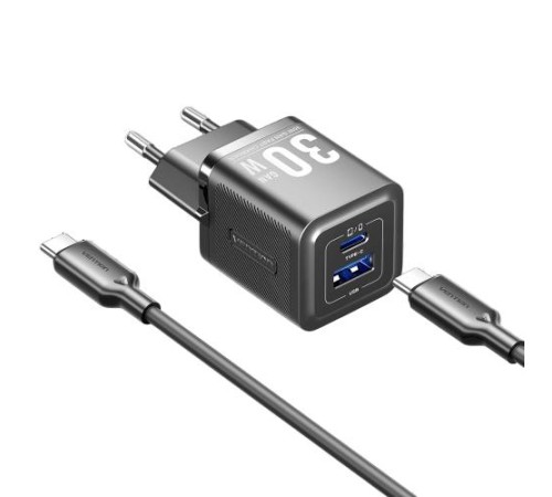 Набор для зарядки Vention з/у GaN 30W 2 порта USB (C + A) и кабель USB-C 3А Чёрный, шт. Набор для зарядки Vention з/у GaN 30W 2 порта USB (C + A) и кабель USB-C 3А Чёрный, шт.