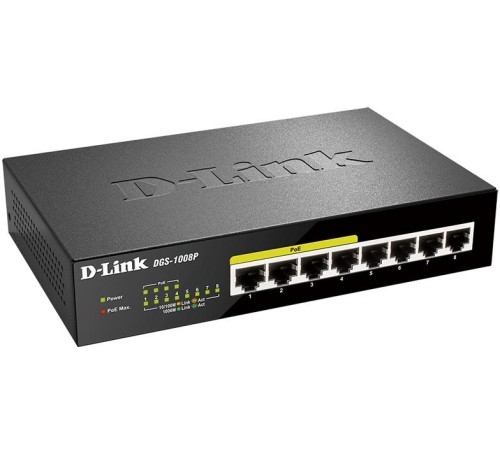 Коммутатор/ DGS-1008P,DGS-1008P/E Unmanaged Switch 8x1000Base-T (4x1000Base-T PoE), PoE Budget 80W, metal case