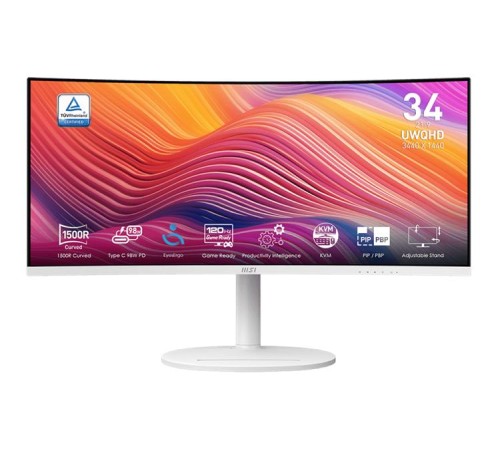 Монитор MSI Modern MD342CQPW 34" 21:9 UWQHD(3440x1440) VA Curve 1500R,1ms(MPRT),3000:1,100M:1,300nit,2*HDMI,1*DP,2xUSB Type-A,USB Type-B,USB Type-C,Speaker,Tilt,Swivel,Height,120Hz,White(white cable),1y w-ty