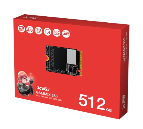 Твердотельный накопитель/ ADATA SSD GAMMIX S55, 512GB, M.2(22x30mm), NVMe, PCIe 4.0 x4, 3D NAND, R/W 5000/3000MB/s, IOPs -/-, TBW 230, DWPD 0.2 (5 лет) Твердотельный накопитель/ ADATA SSD GAMMIX S55, 512GB, M.2(22x30mm), NVMe, PCIe 4.0 x4, 3D NAND, R/W 5000/3000MB/s, IOPs -/-, TBW 230, DWPD 0.2 (5 лет)