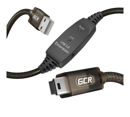 GCR Кабель активный 15.0m USB 2.0, AM/mini 5P, черно-прозрачный, с усилителем сигнала, разъём для доп.питания, 28/24 AWG, GCR-53811