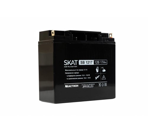 2536 SKAT SB 1217, 12В, 17Ач, максимальный ток заряда 5,1 А. Тип клеммы — B1 (под болт М5 с гайкой). Размер корпуса — 77х180х168. Вес — 4,9 кг. Срок службы — 6 лет. Гарантия - 18 месяцев.