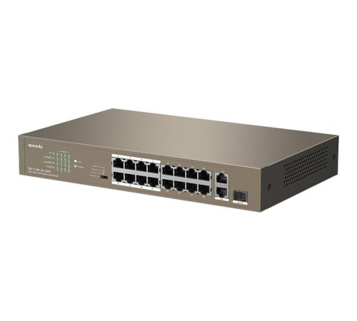 Коммутатор/ Tenda TEF1118P-16-150W Коммутатор неуправляемый PoE, 18 портов, 16х100 Мбит/с, 2x1 Гбит/с, PoE 16х30 Вт (до 130Вт), установка в стойку