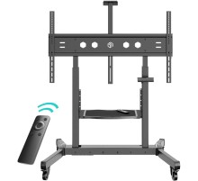 Мобильная стойка МОТОРИЗОВАННАЯ ONKRON на 1 ТВ/ 50-100" от 200х200 до 1000х600, макс нагр 130кг, 1 полка для AV, полка для камеры, кабель-канал, высота 1130-1600мм, черный